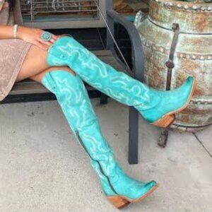 New Liberity Black turquoise leather over the knee cowboy boots